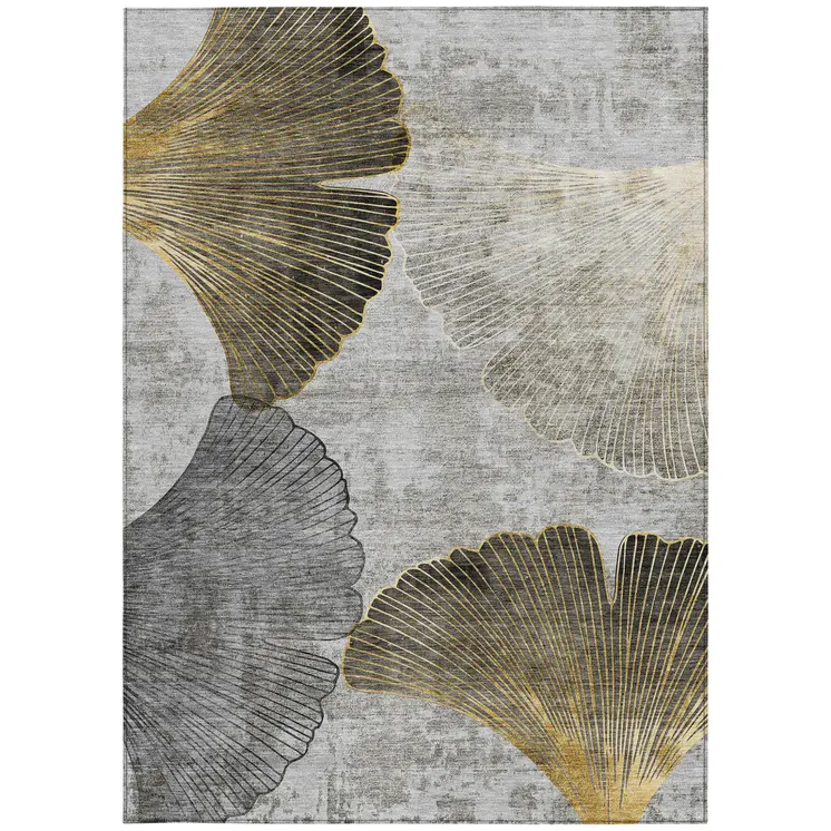 8' X 10' Gray Charcoal And Silver Floral Washable Indoor Outdoor Area Rug