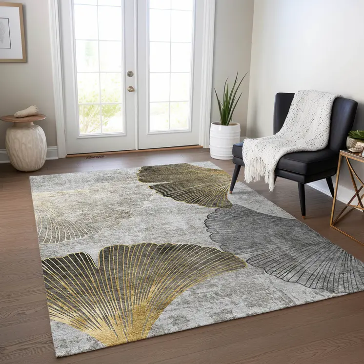 8' X 10' Gray Charcoal And Silver Floral Washable Indoor Outdoor Area Rug