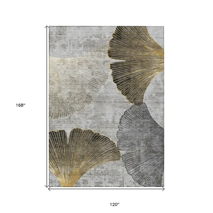 10' X 14' Gray Charcoal And Silver Floral Washable Indoor Outdoor Area Rug