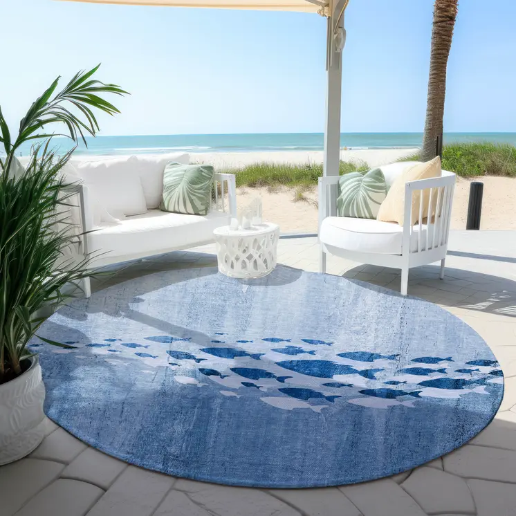8' Sky Blue And Navy Blue Round Nautical Washable Indoor Outdoor Area Rug