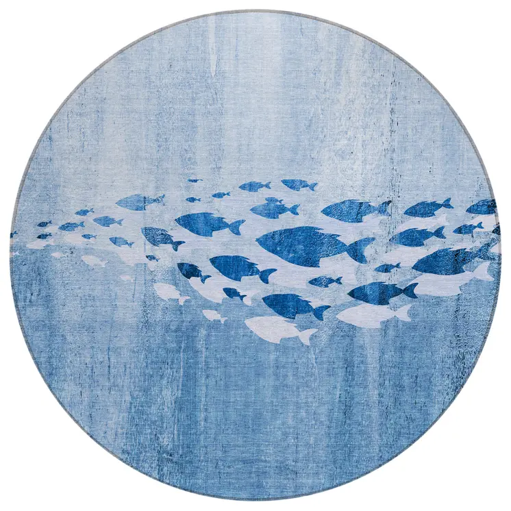 8' Sky Blue And Navy Blue Round Nautical Washable Indoor Outdoor Area Rug