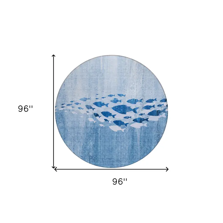 8' Sky Blue And Navy Blue Round Nautical Washable Indoor Outdoor Area Rug