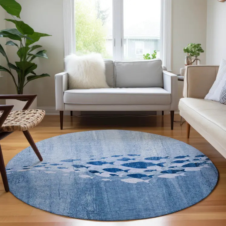 8' Sky Blue And Navy Blue Round Nautical Washable Indoor Outdoor Area Rug
