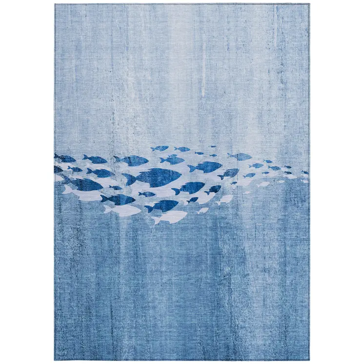 10' X 14' Sky Blue And Navy Blue Nautical Washable Indoor Outdoor Area Rug