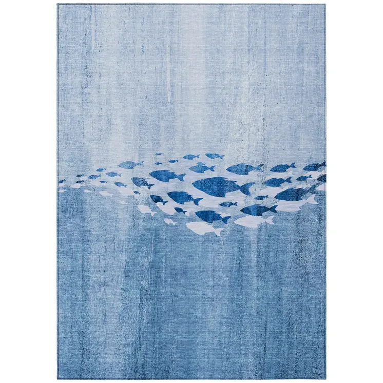10' X 14' Sky Blue And Navy Blue Nautical Washable Indoor Outdoor Area Rug