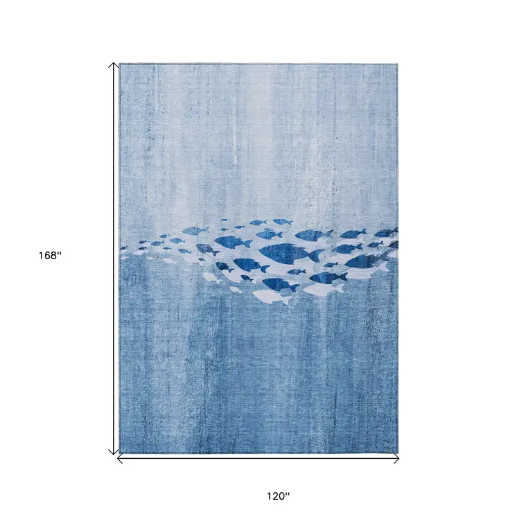 10' X 14' Sky Blue And Navy Blue Nautical Washable Indoor Outdoor Area Rug