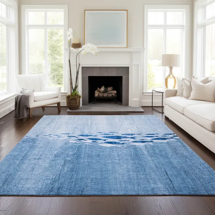 10' X 14' Sky Blue And Navy Blue Nautical Washable Indoor Outdoor Area Rug