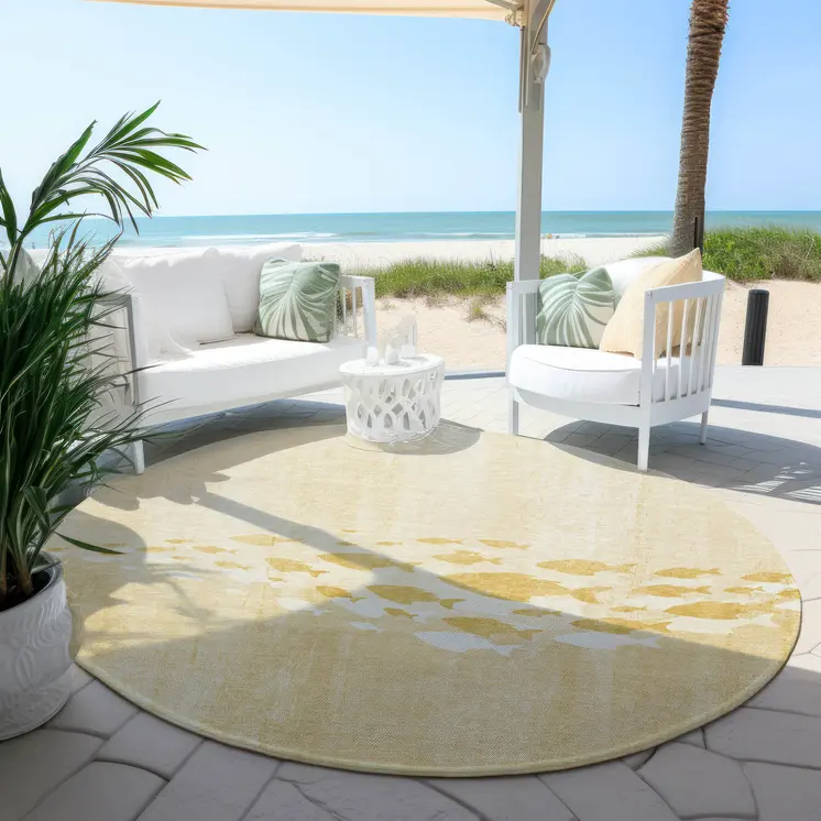 8' Gold Yellow And Wheat Round Nautical Washable Indoor Outdoor Area Rug