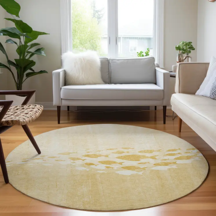 8' Gold Yellow And Wheat Round Nautical Washable Indoor Outdoor Area Rug