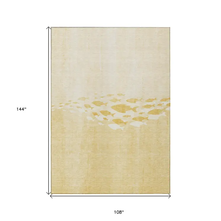 9' X 12' Gold Yellow And Wheat Nautical Washable Indoor Outdoor Area Rug