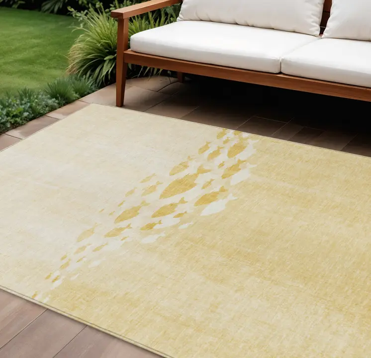 10' X 14' Gold Yellow And Wheat Nautical Washable Indoor Outdoor Area Rug