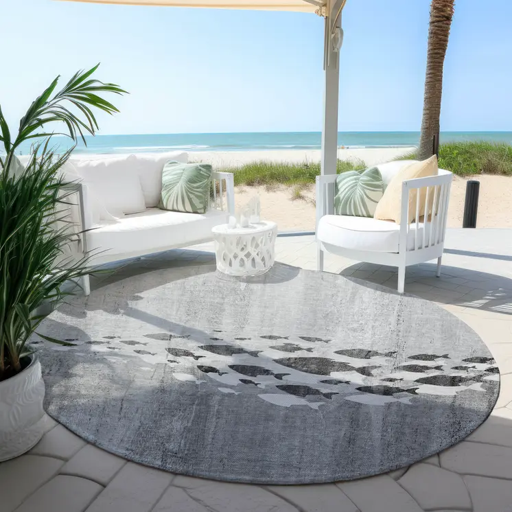 8' Gray Silver And Charcoal Round Nautical Washable Indoor Outdoor Area Rug