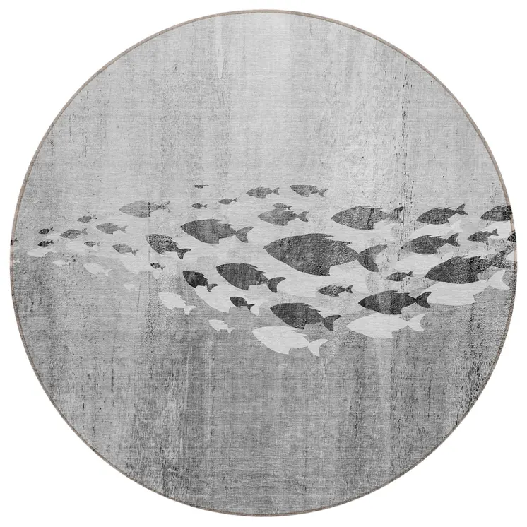 8' Gray Silver And Charcoal Round Nautical Washable Indoor Outdoor Area Rug