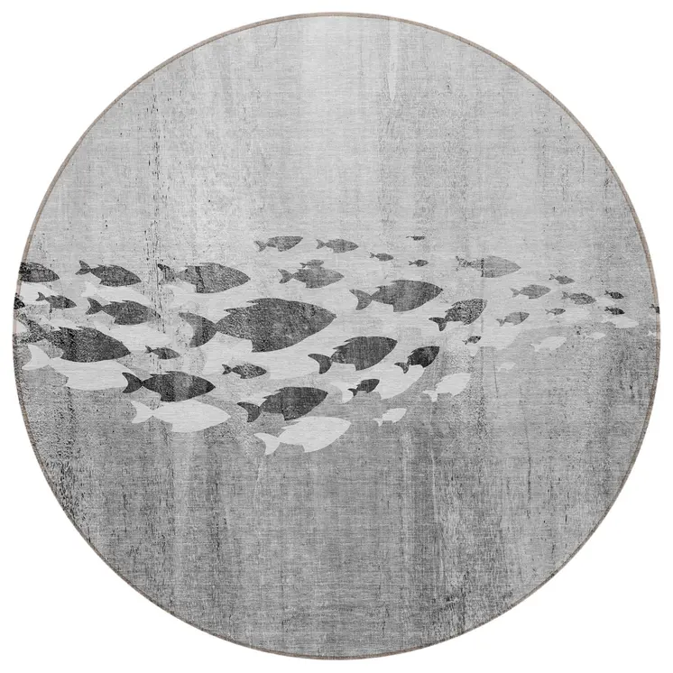 8' Gray Silver And Charcoal Round Nautical Washable Indoor Outdoor Area Rug