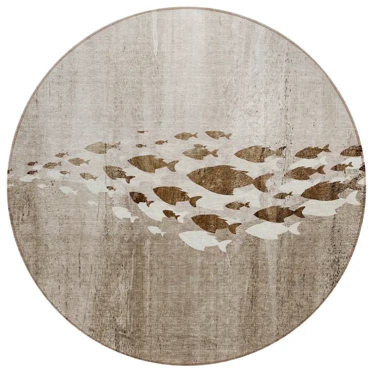 8' Taupe Brown And Khaki Round Nautical Washable Indoor Outdoor Area Rug