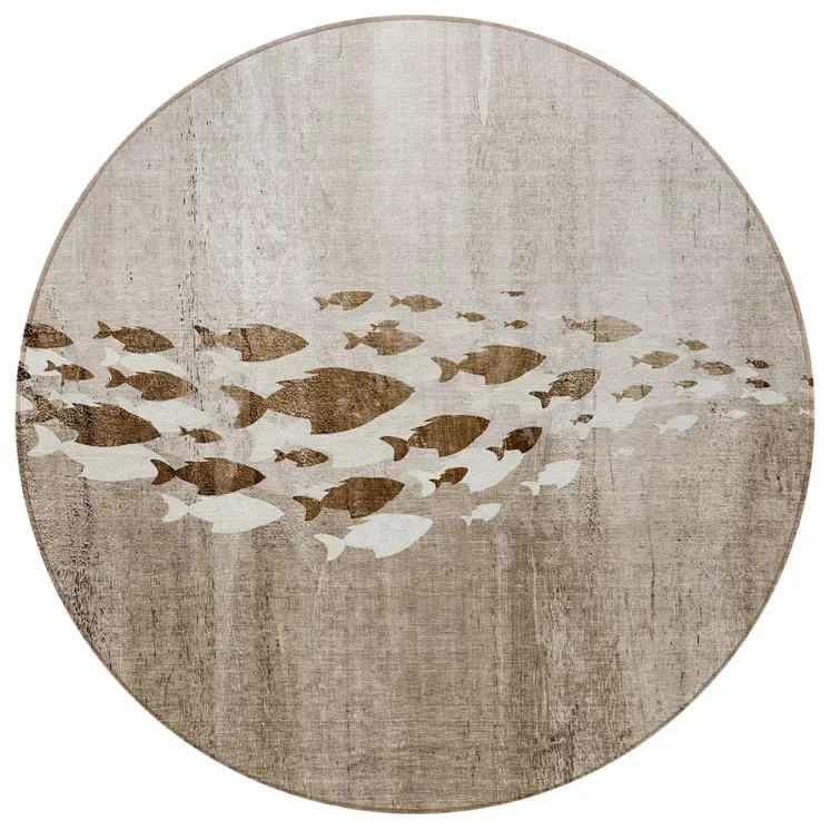 8' Taupe Brown And Khaki Round Nautical Washable Indoor Outdoor Area Rug