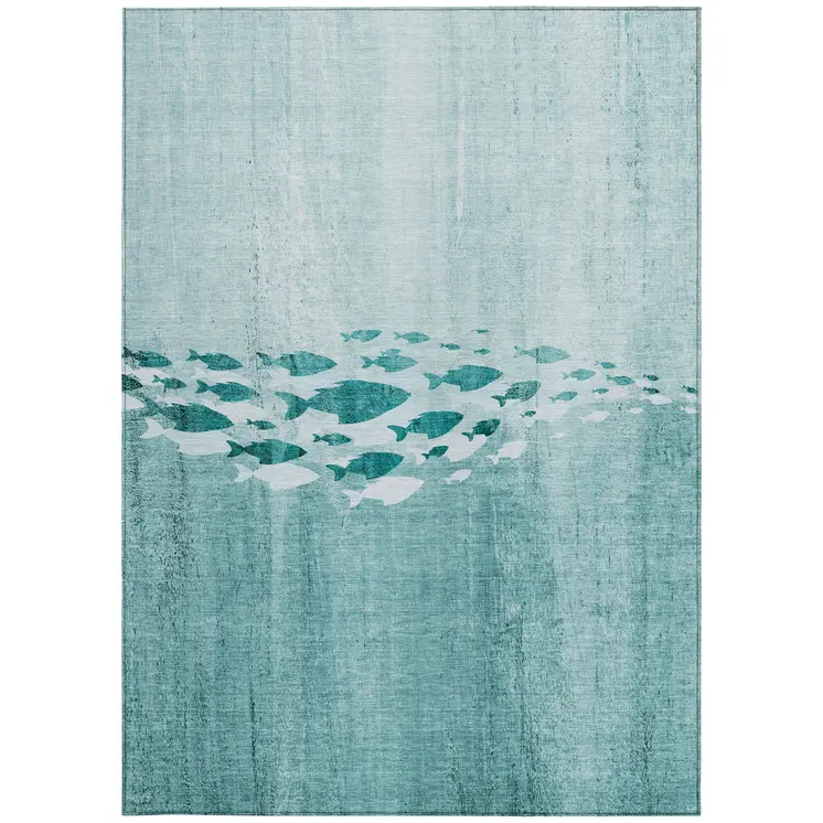 5' X 8' Teal Blue Aqua And Ivory Nautical Washable Indoor Outdoor Area Rug