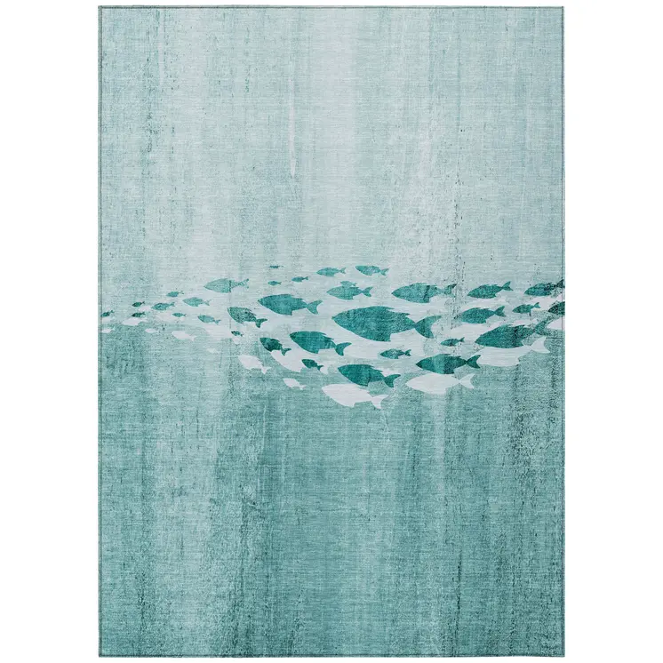 5' X 8' Teal Blue Aqua And Ivory Nautical Washable Indoor Outdoor Area Rug