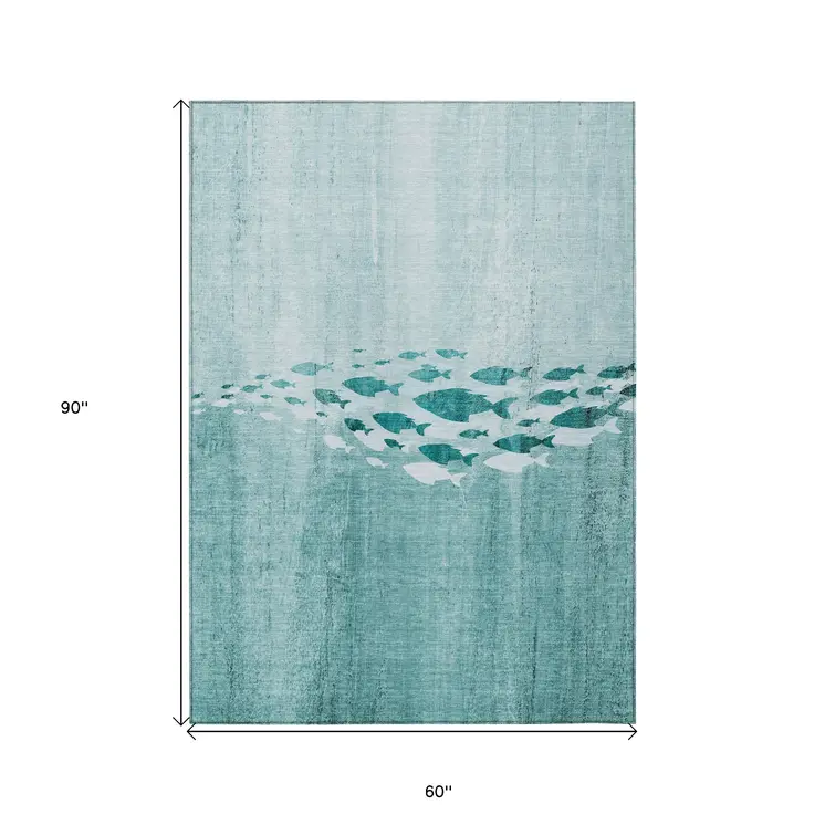 5' X 8' Teal Blue Aqua And Ivory Nautical Washable Indoor Outdoor Area Rug