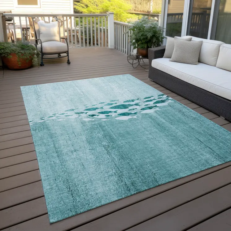 5' X 8' Teal Blue Aqua And Ivory Nautical Washable Indoor Outdoor Area Rug