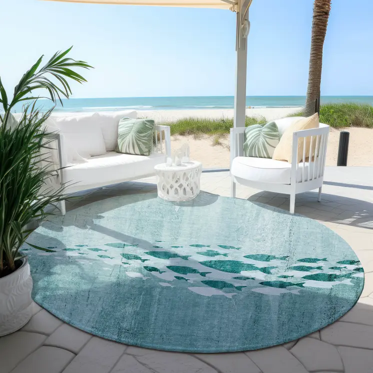 8' Teal Blue Aqua And Ivory Round Nautical Washable Indoor Outdoor Area Rug