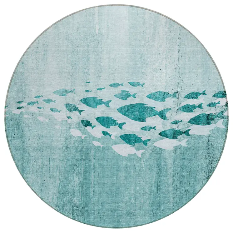 8' Teal Blue Aqua And Ivory Round Nautical Washable Indoor Outdoor Area Rug