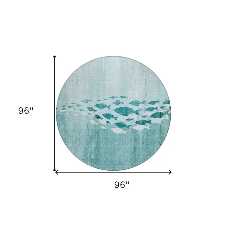 8' Teal Blue Aqua And Ivory Round Nautical Washable Indoor Outdoor Area Rug