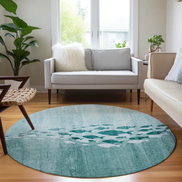 8' Teal Blue Aqua And Ivory Round Nautical Washable Indoor Outdoor Area Rug