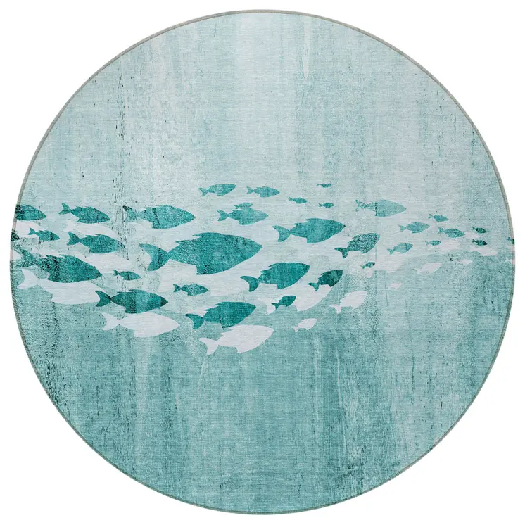 8' Teal Blue Aqua And Ivory Round Nautical Washable Indoor Outdoor Area Rug