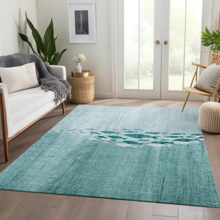 9' X 12' Teal Blue Aqua And Ivory Nautical Washable Indoor Outdoor Area Rug