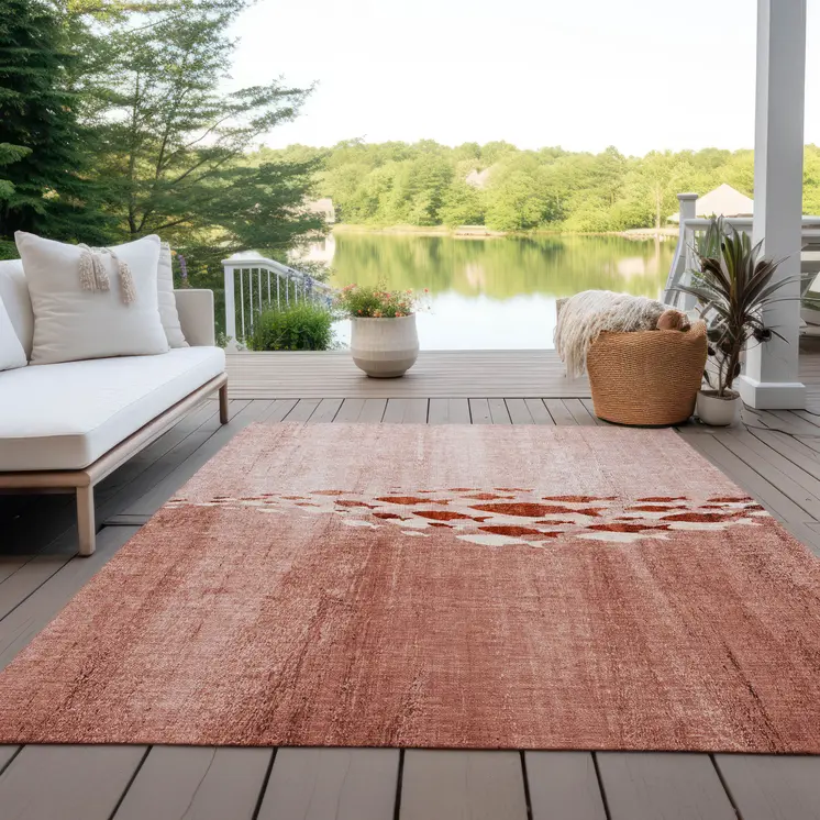 3' X 5' Terra Cotta Copper And Ivory Nautical Washable Indoor Outdoor Area Rug