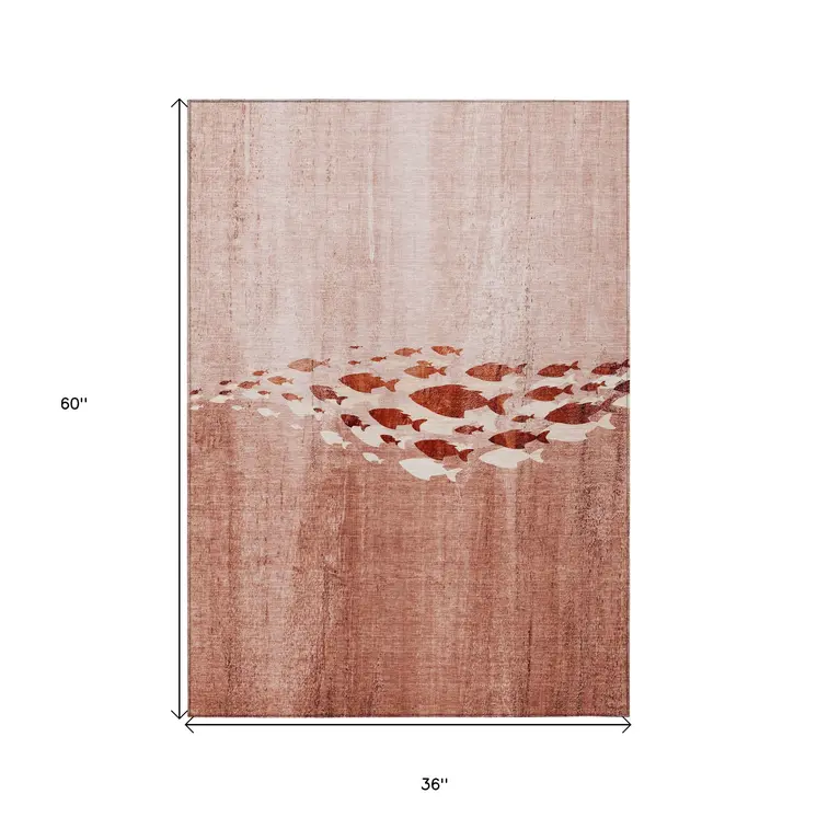 3' X 5' Terra Cotta Copper And Ivory Nautical Washable Indoor Outdoor Area Rug