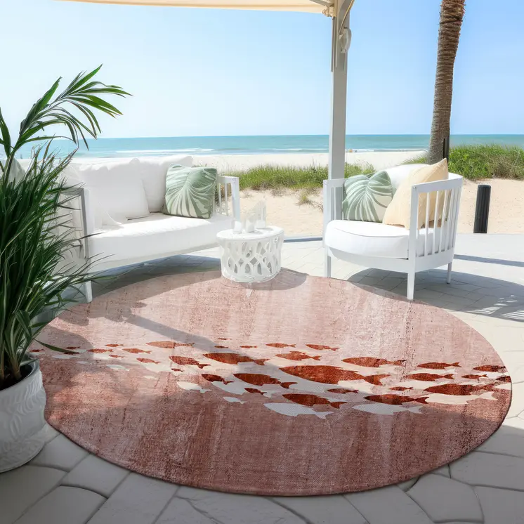 8' Terra Cotta Copper And Ivory Round Nautical Washable Indoor Outdoor Area Rug