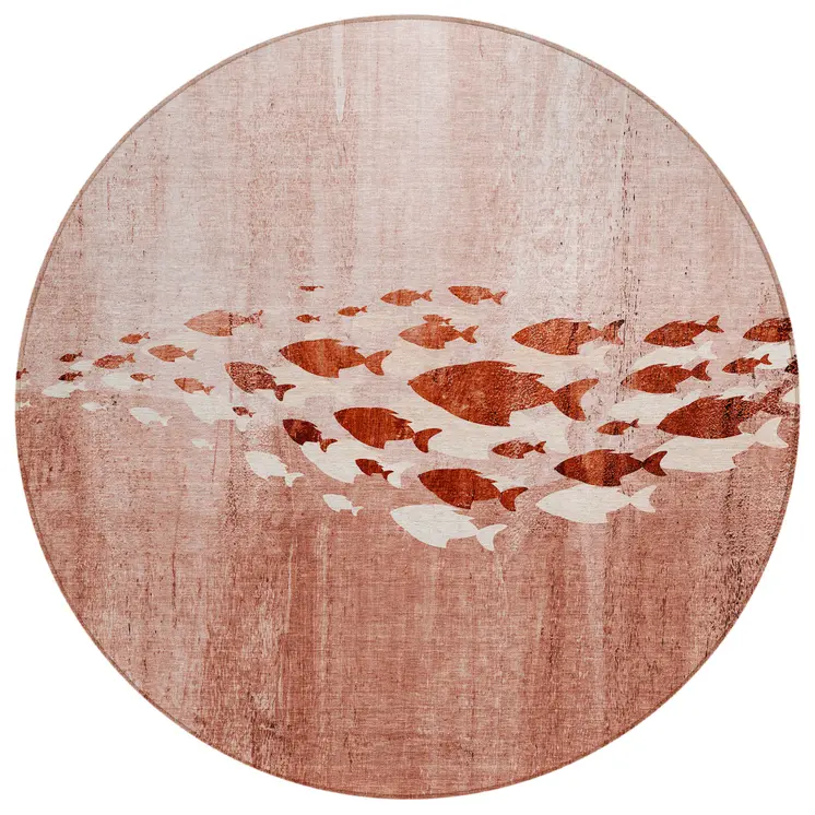 8' Terra Cotta Copper And Ivory Round Nautical Washable Indoor Outdoor Area Rug