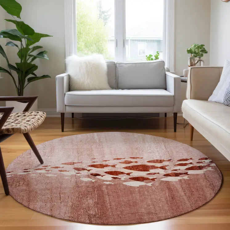 8' Terra Cotta Copper And Ivory Round Nautical Washable Indoor Outdoor Area Rug