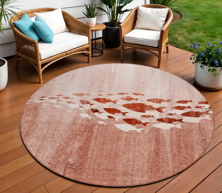 8' Terra Cotta Copper And Ivory Round Nautical Washable Indoor Outdoor Area Rug