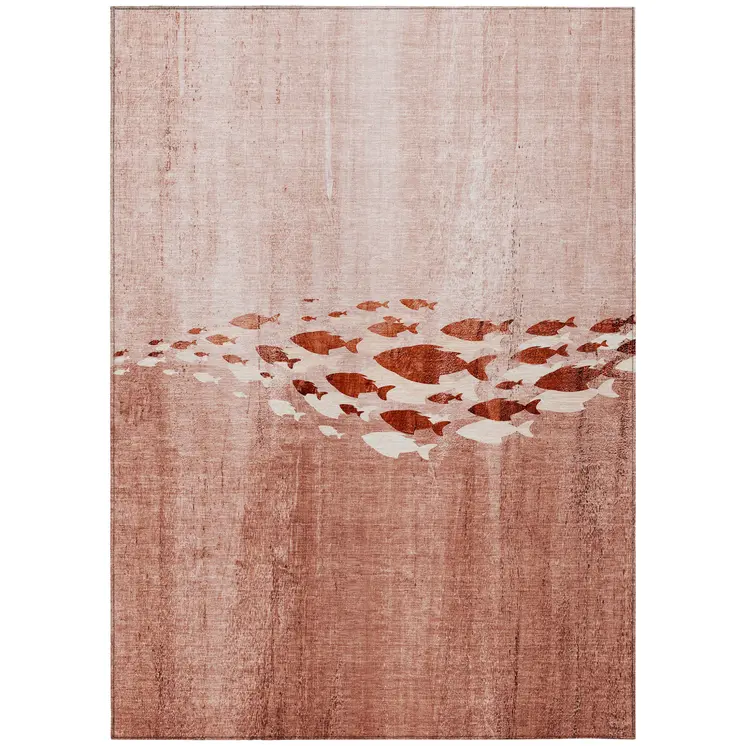 8' X 10' Terra Cotta Copper And Ivory Nautical Washable Indoor Outdoor Area Rug