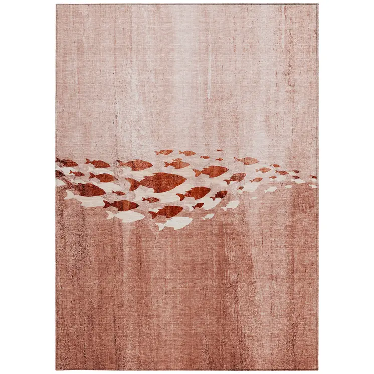 9' X 12' Terra Cotta Copper And Ivory Nautical Washable Indoor Outdoor Area Rug