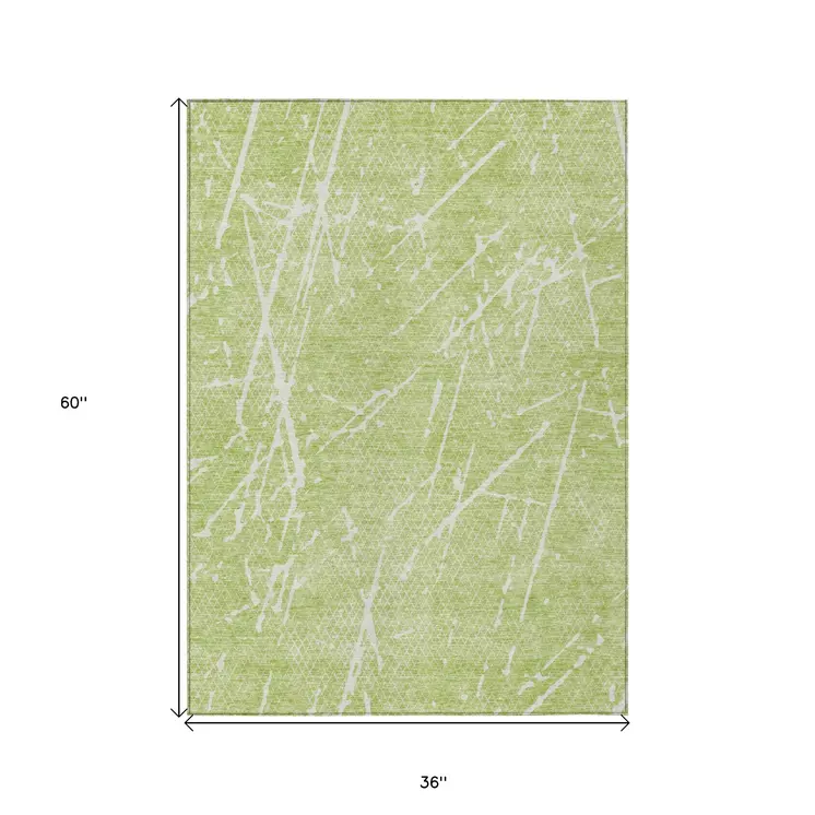 3' X 5' Artichoke Green And Ivory Abstract Washable Indoor Outdoor Area Rug
