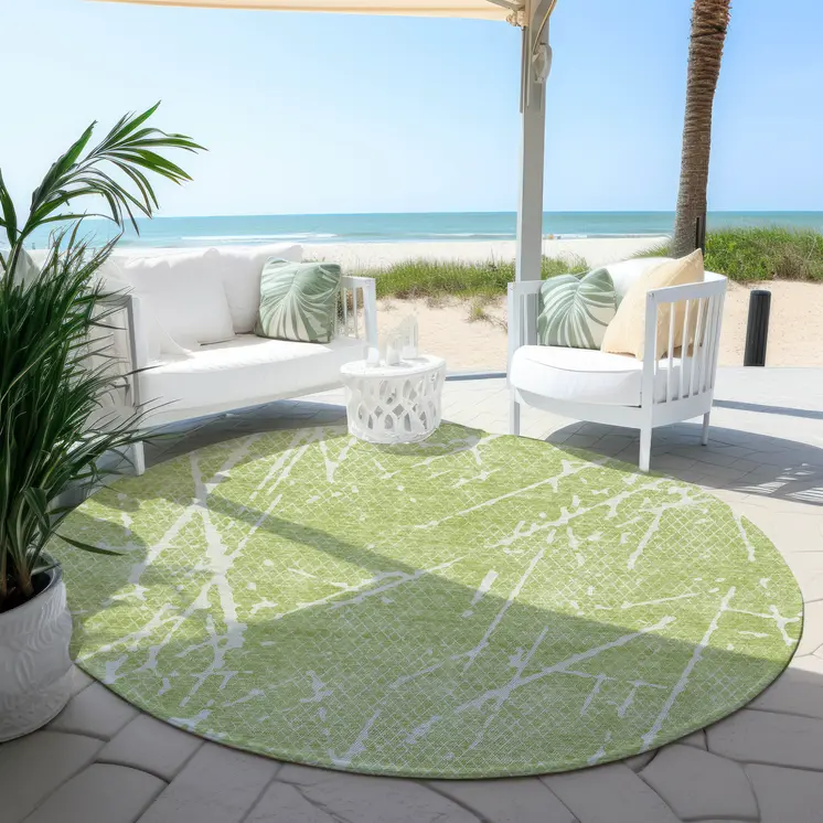 8' Artichoke Green And Ivory Round Abstract Washable Indoor Outdoor Area Rug