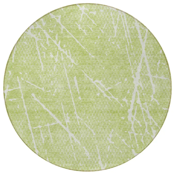 8' Artichoke Green And Ivory Round Abstract Washable Indoor Outdoor Area Rug