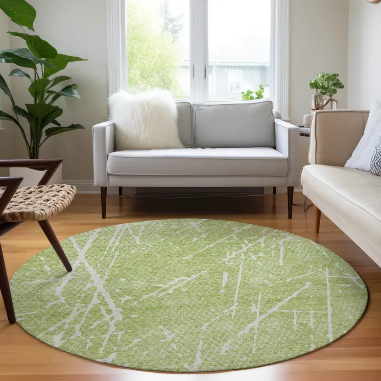 8' Artichoke Green And Ivory Round Abstract Washable Indoor Outdoor Area Rug