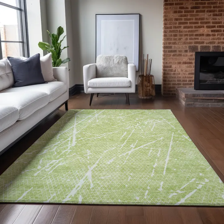 8' X 10' Artichoke Green And Ivory Abstract Washable Indoor Outdoor Area Rug
