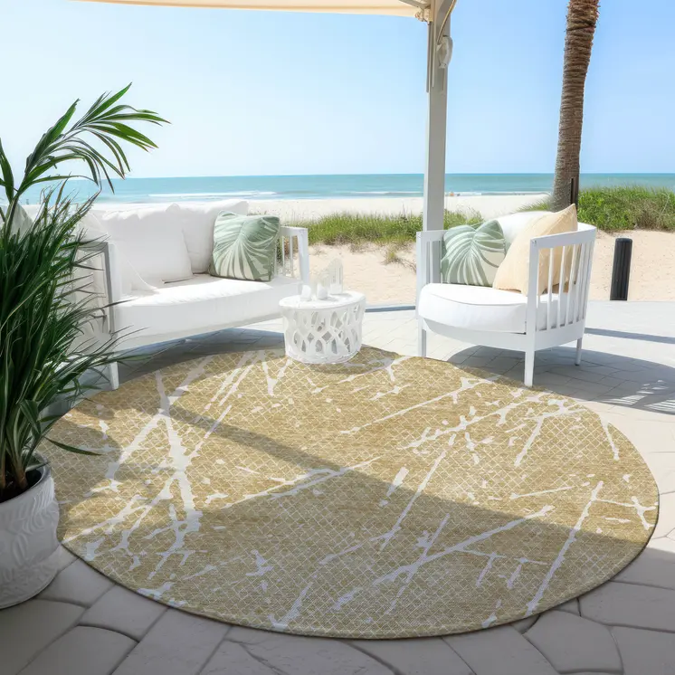 8' Beige And Ivory Round Abstract Washable Indoor Outdoor Area Rug