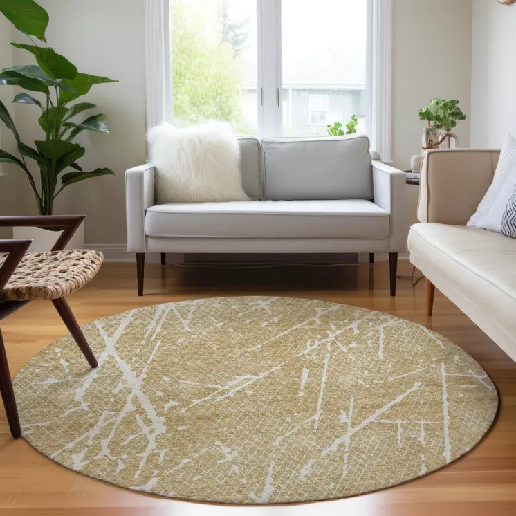 8' Beige And Ivory Round Abstract Washable Indoor Outdoor Area Rug