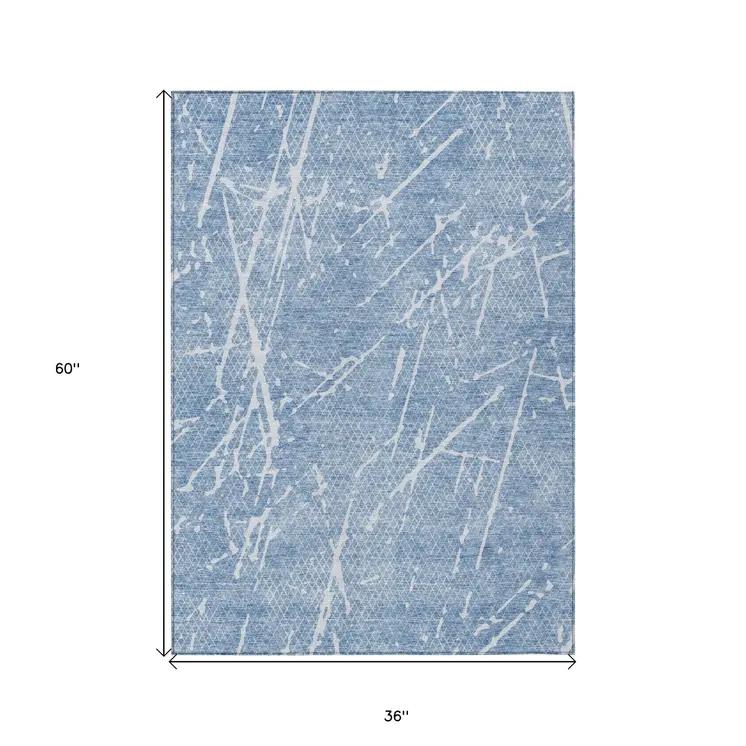 3' X 5' Blue And Ivory Abstract Washable Indoor Outdoor Area Rug