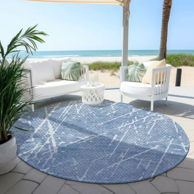 8' Blue And Ivory Round Abstract Washable Indoor Outdoor Area Rug