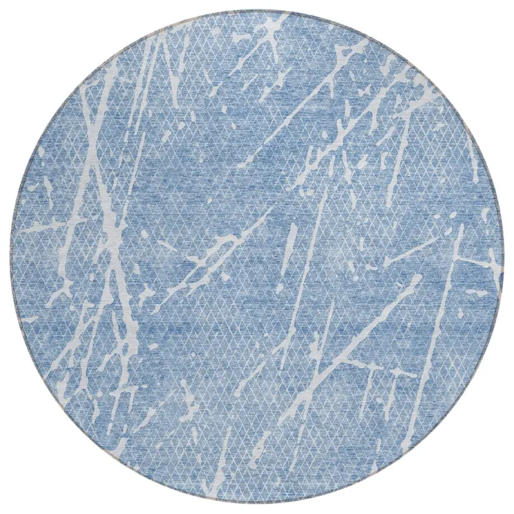 8' Blue And Ivory Round Abstract Washable Indoor Outdoor Area Rug