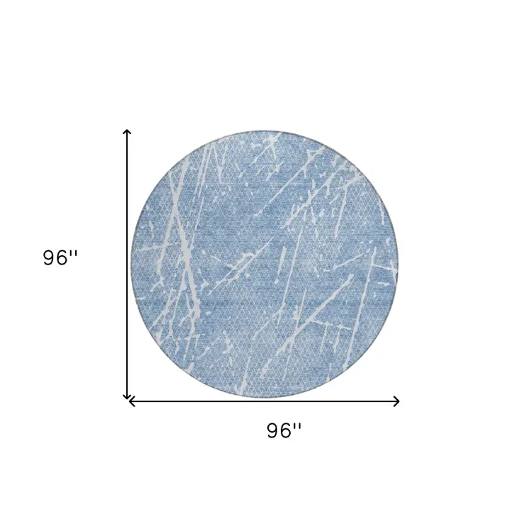 8' Blue And Ivory Round Abstract Washable Indoor Outdoor Area Rug