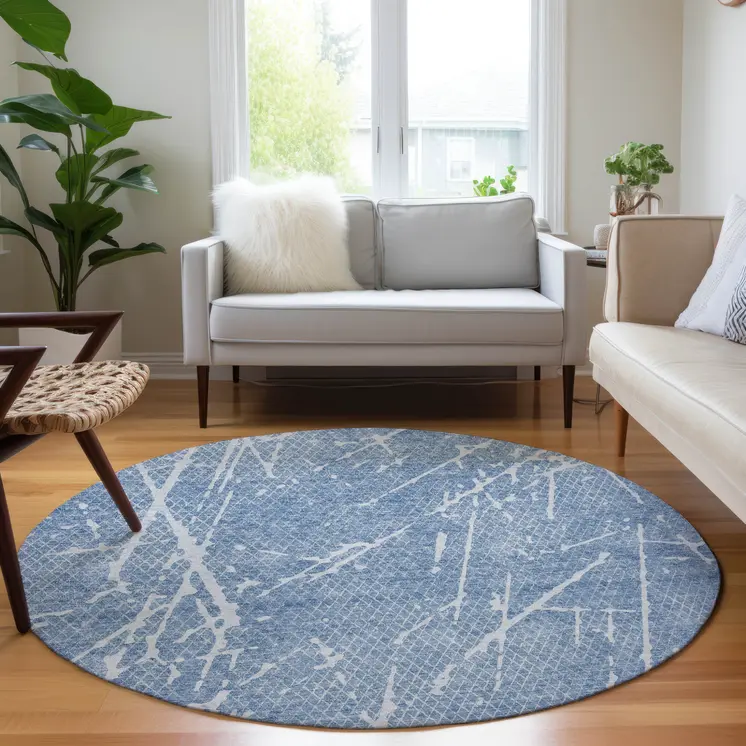 8' Blue And Ivory Round Abstract Washable Indoor Outdoor Area Rug